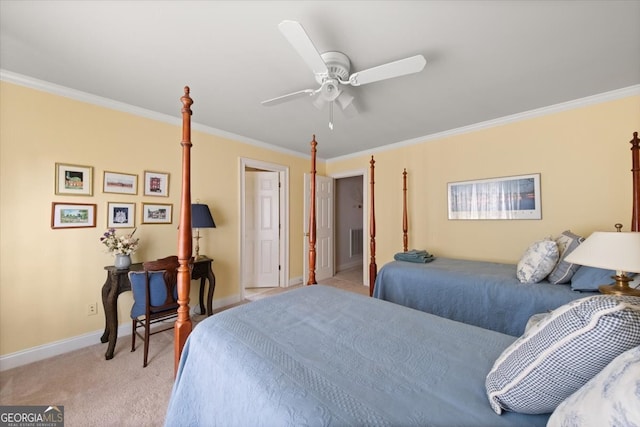 bedroom with crown molding, ceiling fan, and light colored carpet