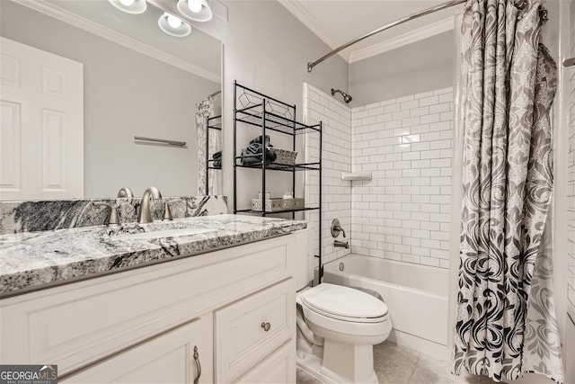 full bathroom with toilet, shower / bath combo with shower curtain, tile patterned floors, crown molding, and vanity