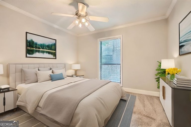 bedroom with ceiling fan, light colored carpet, and crown molding