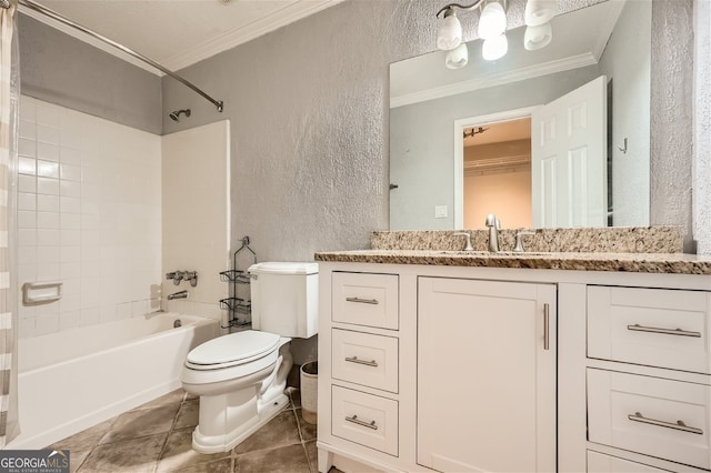 full bathroom featuring toilet, tiled shower / bath, vanity, and crown molding