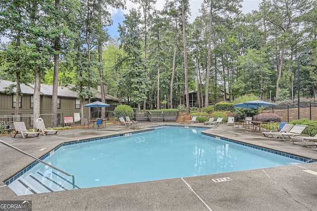 view of swimming pool featuring a patio