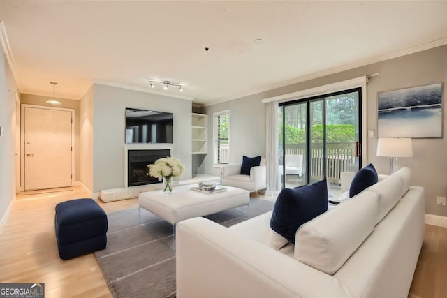 living room with hardwood / wood-style flooring, rail lighting, built in shelves, and crown molding