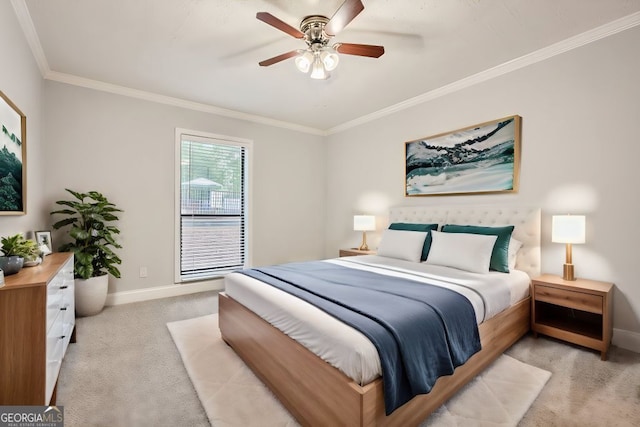 bedroom with ceiling fan, light colored carpet, and ornamental molding