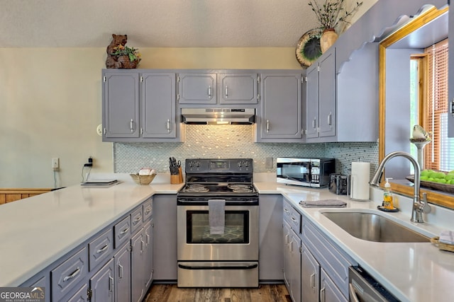 kitchen featuring appliances with stainless steel finishes, dark hardwood / wood-style flooring, decorative backsplash, gray cabinets, and sink