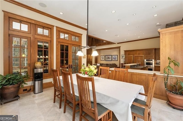 tiled dining room with french doors and sink