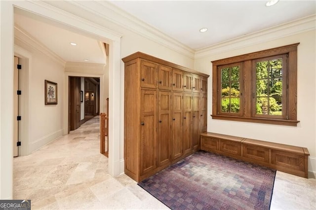 corridor featuring ornamental molding