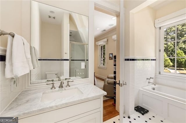 bathroom featuring vanity, toilet, a bath, and a wall unit AC