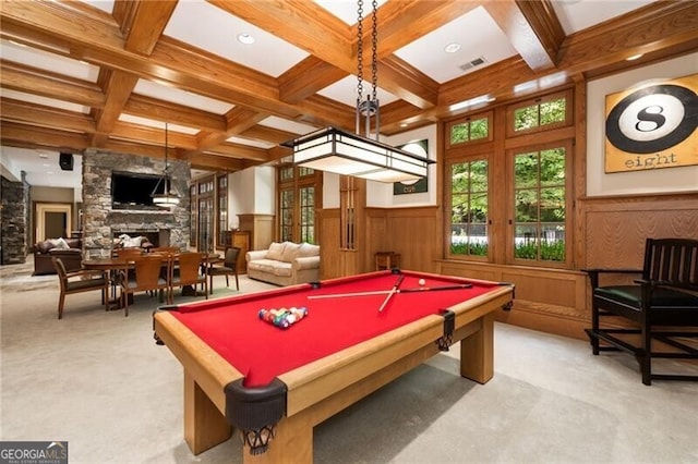 recreation room with a fireplace, beam ceiling, coffered ceiling, and billiards