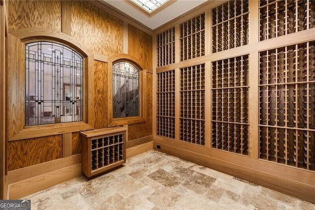 wine cellar featuring wooden walls