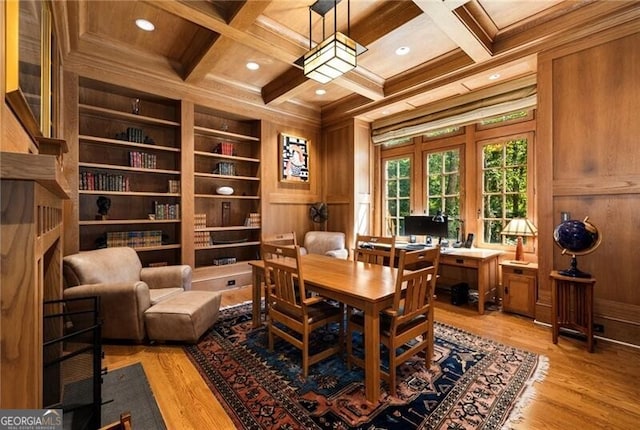 office area featuring built in shelves, wooden walls, and coffered ceiling