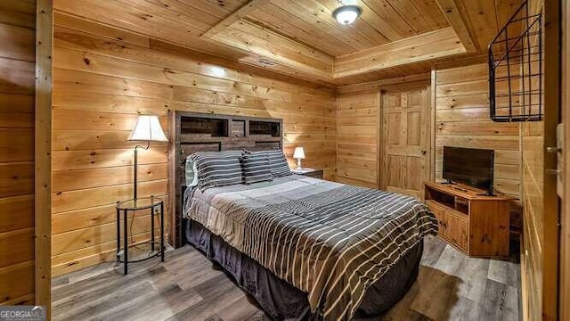1509 Millenium Dr, Young Harris, GA 30582 - bedroom featuring wooden ceiling, wood finished floors, wood walls, and a tray ceiling