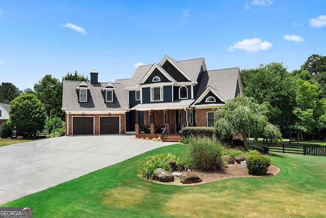 view of front facade with a garage, a front yard, and covered porch