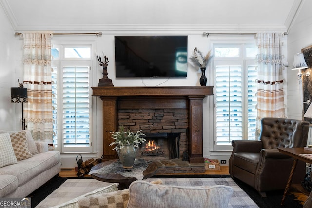 living room with crown molding and a stone fireplace