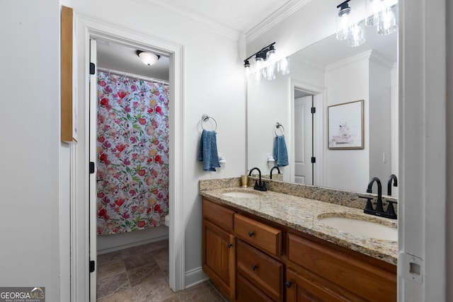 bathroom featuring vanity, curtained shower, and ornamental molding