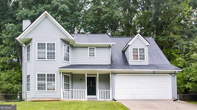 view of front facade with a porch, a front yard, and a garage