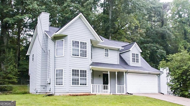 view of front of property featuring a porch, a garage, and a front yard