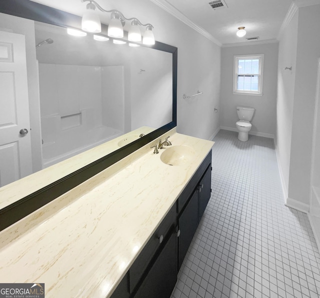 bathroom with tile patterned floors, a shower, toilet, vanity, and ornamental molding