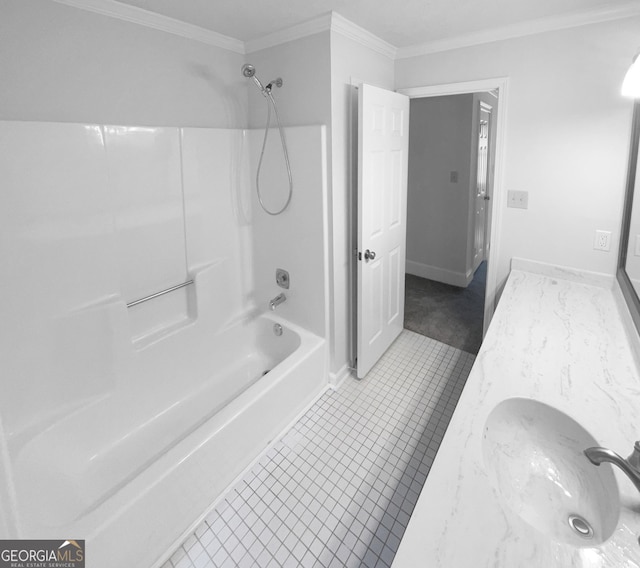 bathroom with tile patterned floors, vanity, shower / bath combination, and crown molding