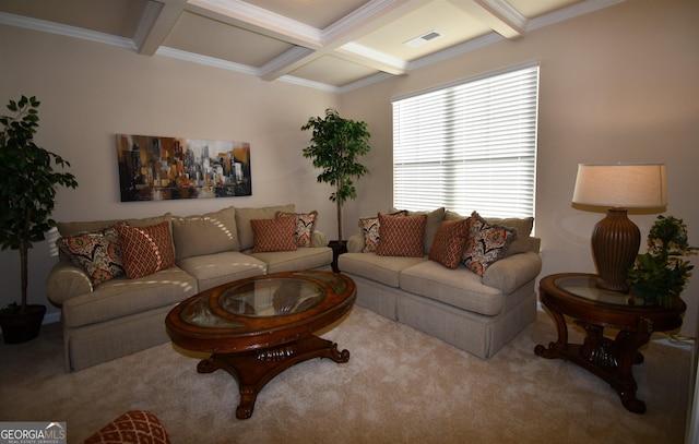 living room with crown molding, light carpet, beam ceiling, and coffered ceiling