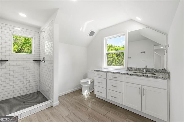 bathroom with vanity, lofted ceiling, a tile shower, and toilet