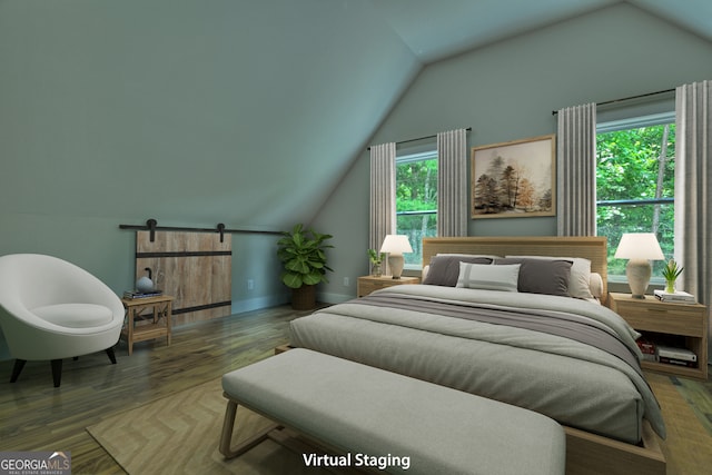 bedroom featuring hardwood / wood-style flooring and vaulted ceiling