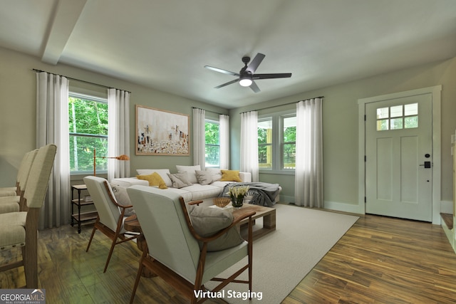 living room with a wealth of natural light, ceiling fan, and hardwood / wood-style floors