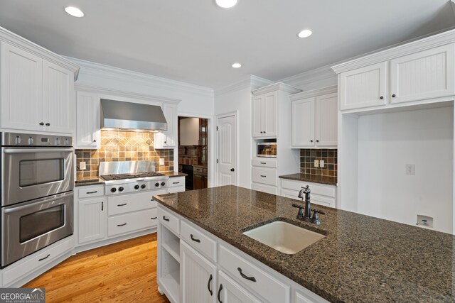 kitchen featuring wall chimney range hood, light hardwood / wood-style floors, appliances with stainless steel finishes, decorative backsplash, and sink