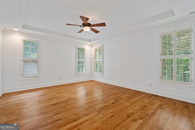 spare room featuring ceiling fan, light hardwood / wood-style flooring, a raised ceiling, and ornamental molding