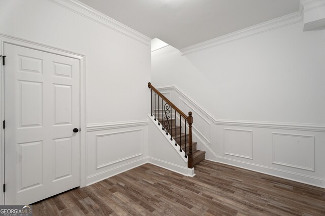 staircase featuring dark hardwood / wood-style flooring and crown molding