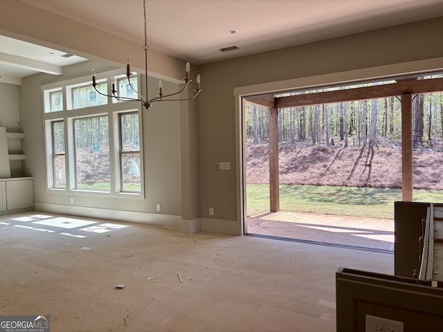 unfurnished dining area with visible vents, baseboards, and a notable chandelier