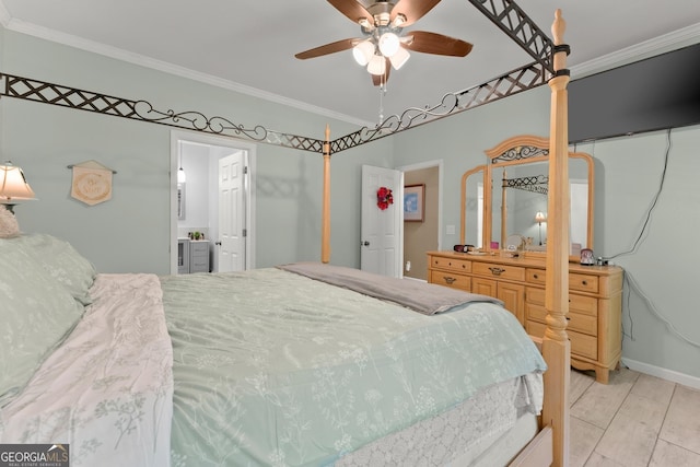 bedroom with ceiling fan, ornamental molding, and ensuite bath