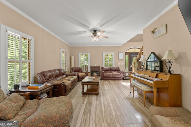 living room featuring ceiling fan, light hardwood / wood-style flooring, and crown molding