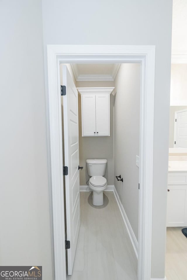 bathroom featuring crown molding, vanity, and toilet