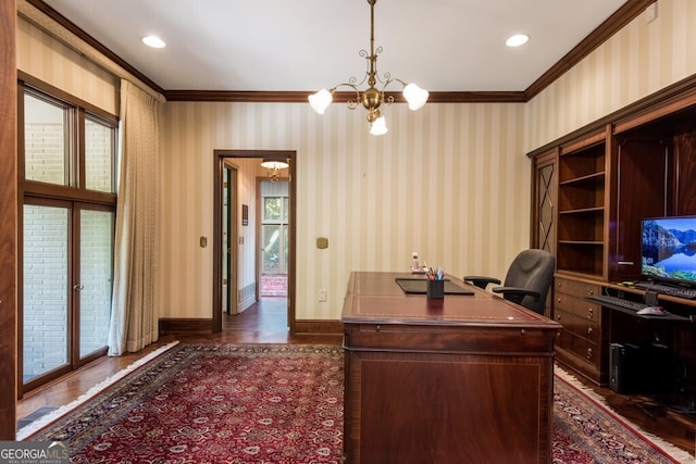 office area with dark wood-type flooring, a chandelier, and crown molding