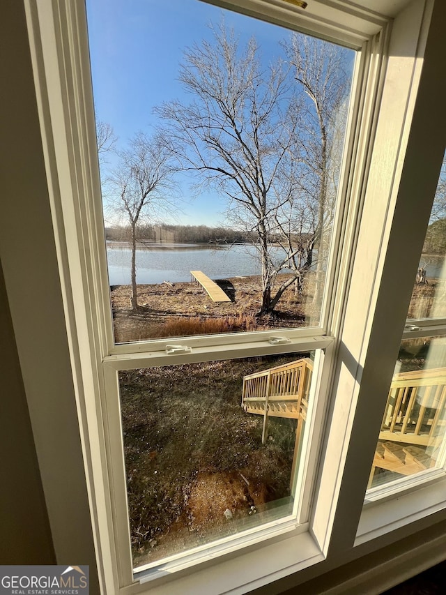 interior details with a water view