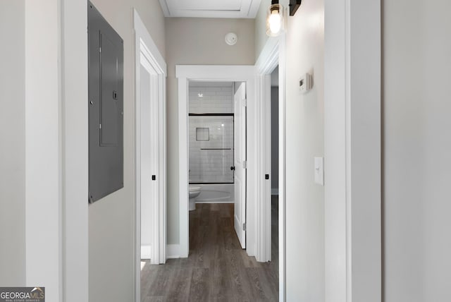 corridor featuring wood finished floors and electric panel