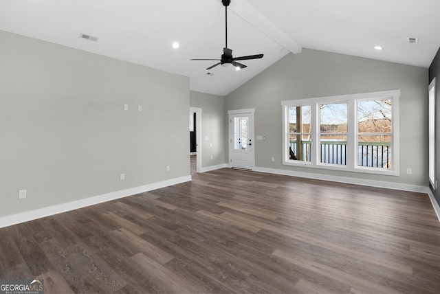 unfurnished living room featuring dark wood-type flooring, beam ceiling, visible vents, and baseboards