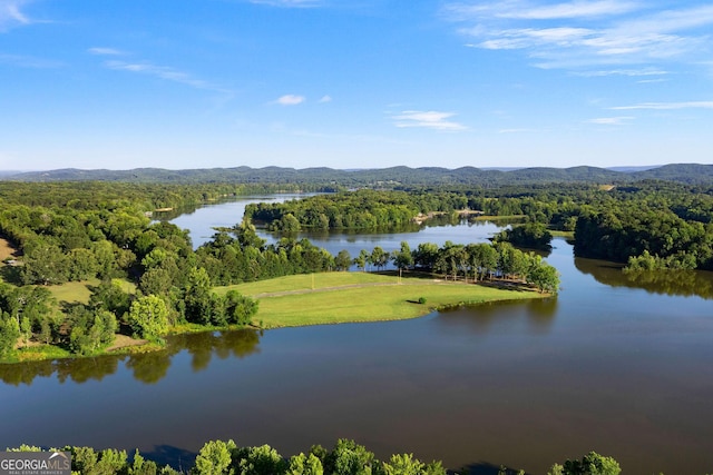 drone / aerial view with a water and mountain view