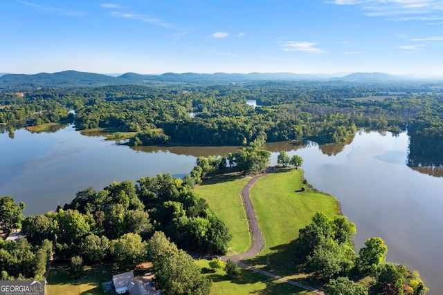 bird's eye view with a water and mountain view