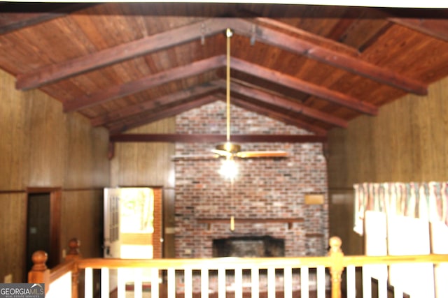 unfurnished living room featuring lofted ceiling with beams, wooden ceiling, and wooden walls