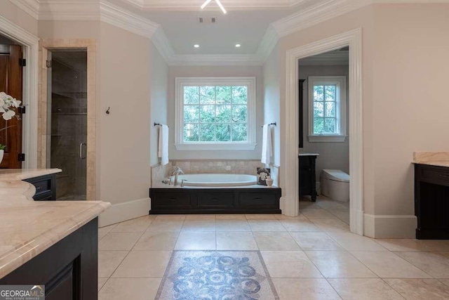 full bathroom with crown molding, tile patterned floors, independent shower and bath, and vanity