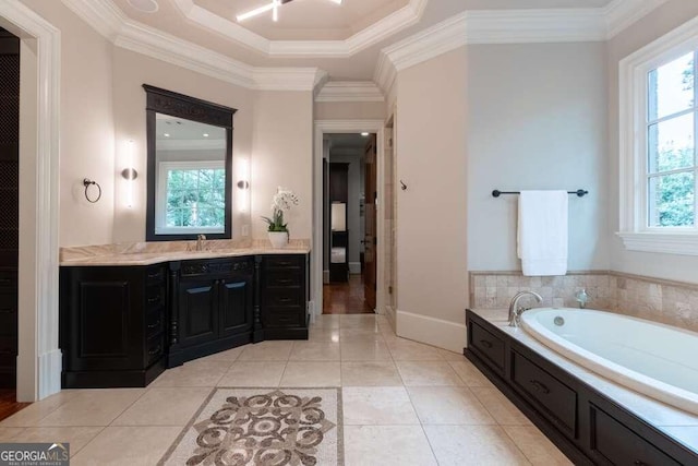 bathroom with tile patterned flooring, ornamental molding, and plenty of natural light