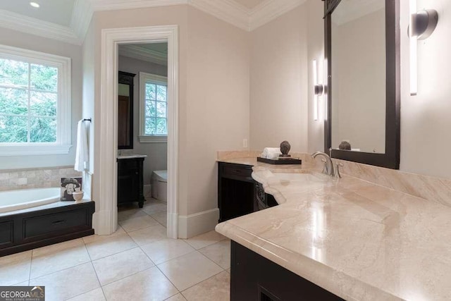 bathroom featuring toilet, vanity, tile patterned floors, and crown molding