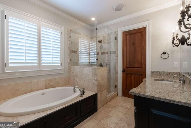 bathroom with tile patterned flooring, shower with separate bathtub, ornamental molding, and vanity