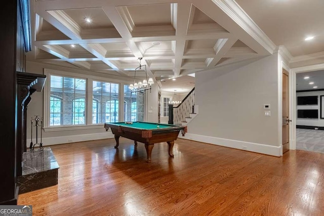 playroom with billiards, hardwood / wood-style floors, a chandelier, crown molding, and beam ceiling