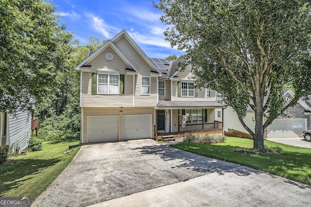 view of front property featuring solar panels, a porch, and a front lawn