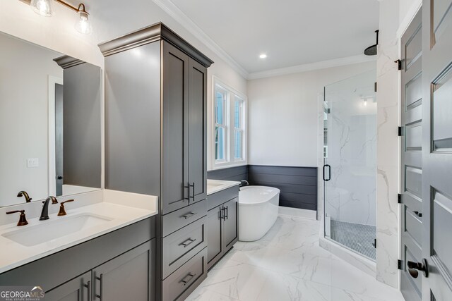 bathroom featuring vanity, ornamental molding, and plus walk in shower