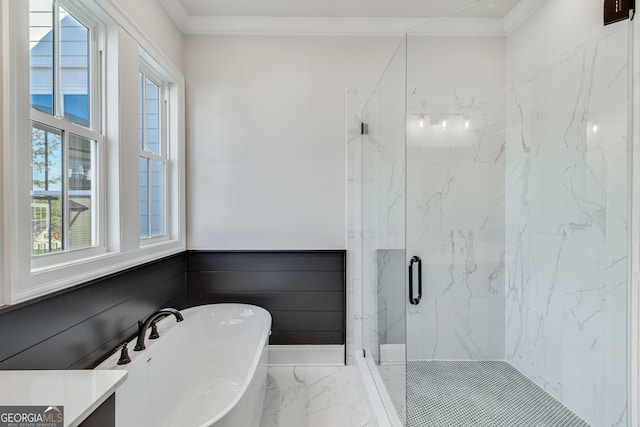 bathroom featuring ornamental molding, a wealth of natural light, and independent shower and bath