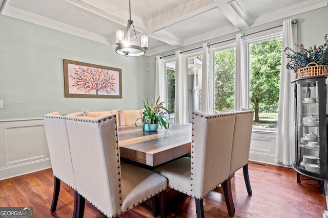 dining room with an inviting chandelier, beam ceiling, hardwood / wood-style floors, and coffered ceiling