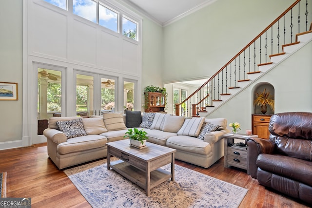 living room with a high ceiling, hardwood / wood-style floors, and ornamental molding